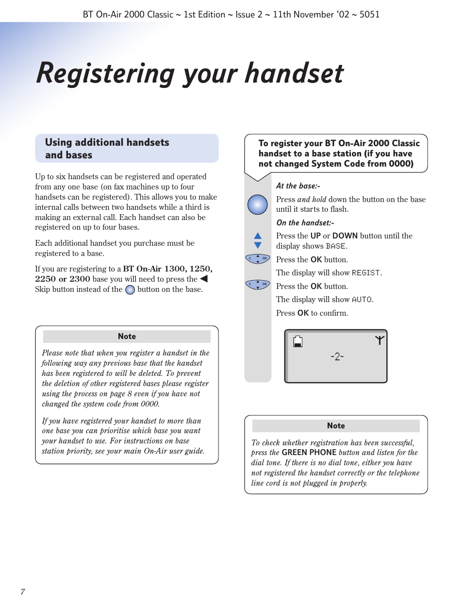 Registering your handset, Using additional handsets and bases | BT On-Air 2000 Classic User Manual | Page 8 / 23