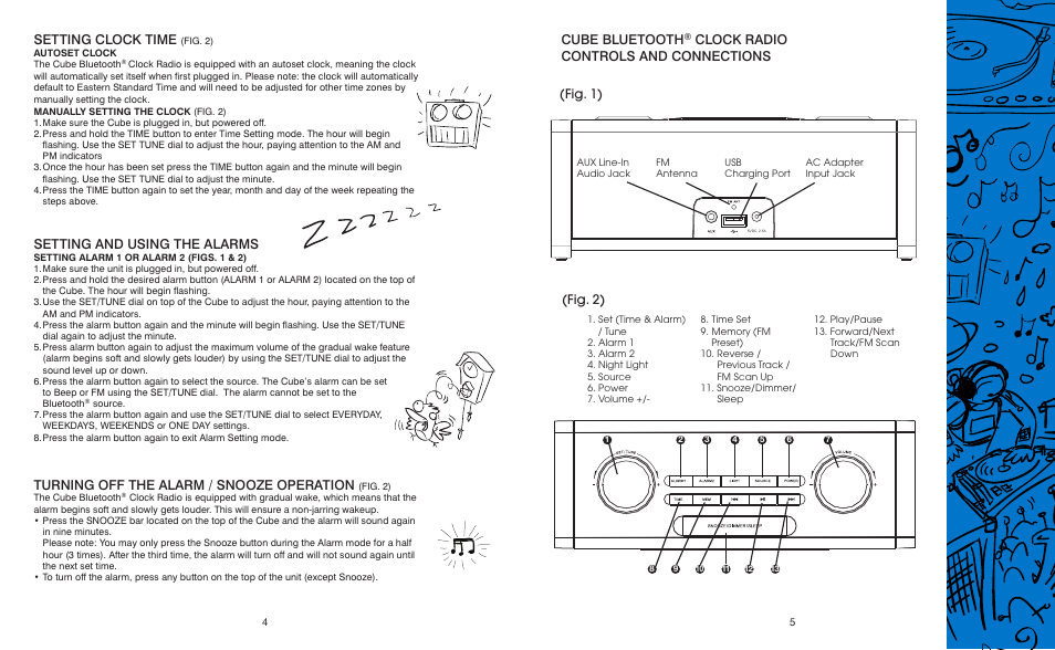 Setting clock time, Setting and using the alarms, Turning off the alarm / snooze operation | Cube bluetooth, Clock radio controls and connections | HMDX Cube Wireless Bluetooth® Alarm Clock EN User Manual | Page 3 / 5