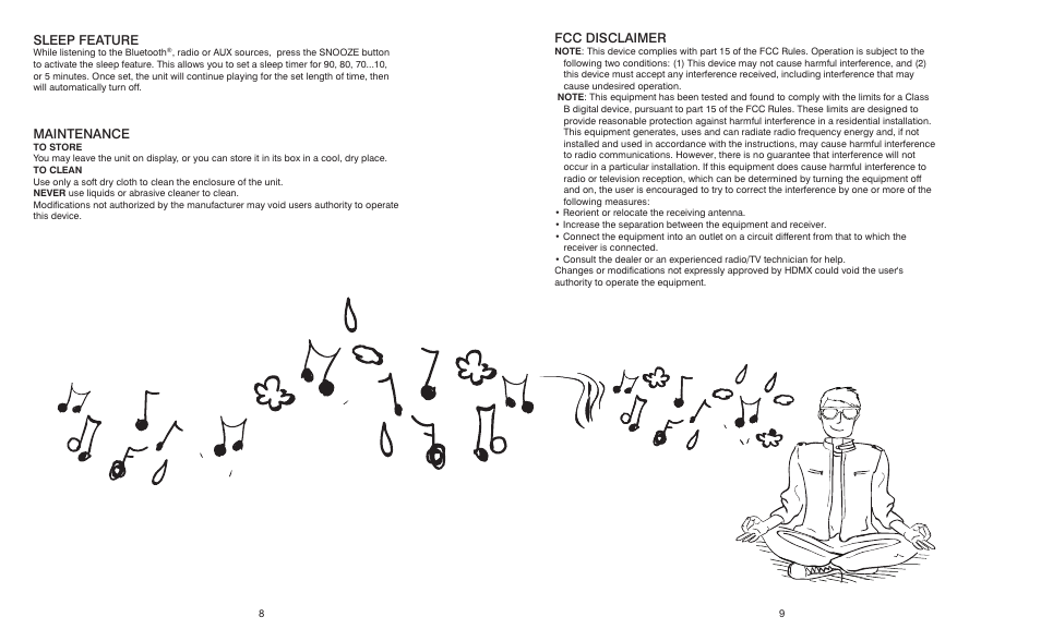 Sleep feature, Maintenance, Fcc disclaimer | HMDX Cube Wireless Bluetooth® Alarm Clock EN User Manual | Page 5 / 5