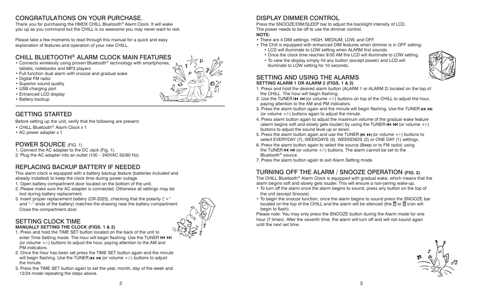 Chill bluetooth, Alarm clock main features, Getting started | Power source, Replacing backup battery if needed, Setting clock time, Display dimmer control, Setting and using the alarms, Turning off the alarm / snooze operation | HMDX Chill™ Bluetooth® Dual Alarm Clock EN User Manual | Page 2 / 5