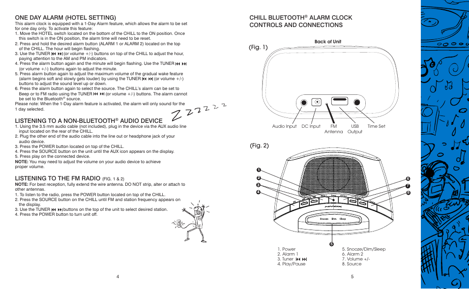 One day alarm (hotel setting), Listening to a non-bluetooth, Audio device | Listening to the fm radio, Chill bluetooth, Alarm clock controls and connections | HMDX Chill™ Bluetooth® Dual Alarm Clock EN User Manual | Page 3 / 5