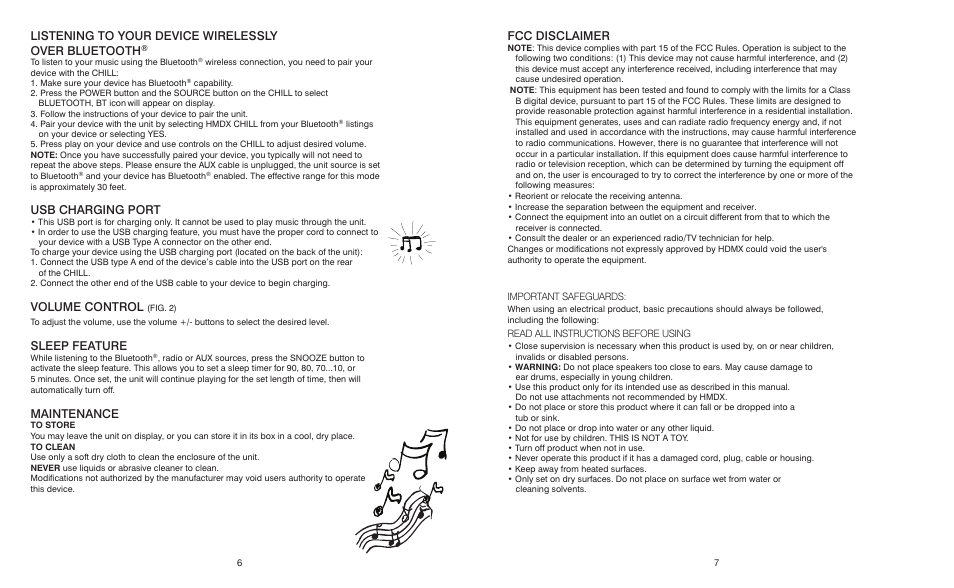 Listening to your device wirelessly over bluetooth, Usb charging port, Volume control | Sleep feature, Maintenance, Fcc disclaimer | HMDX Chill™ Bluetooth® Dual Alarm Clock EN User Manual | Page 4 / 5