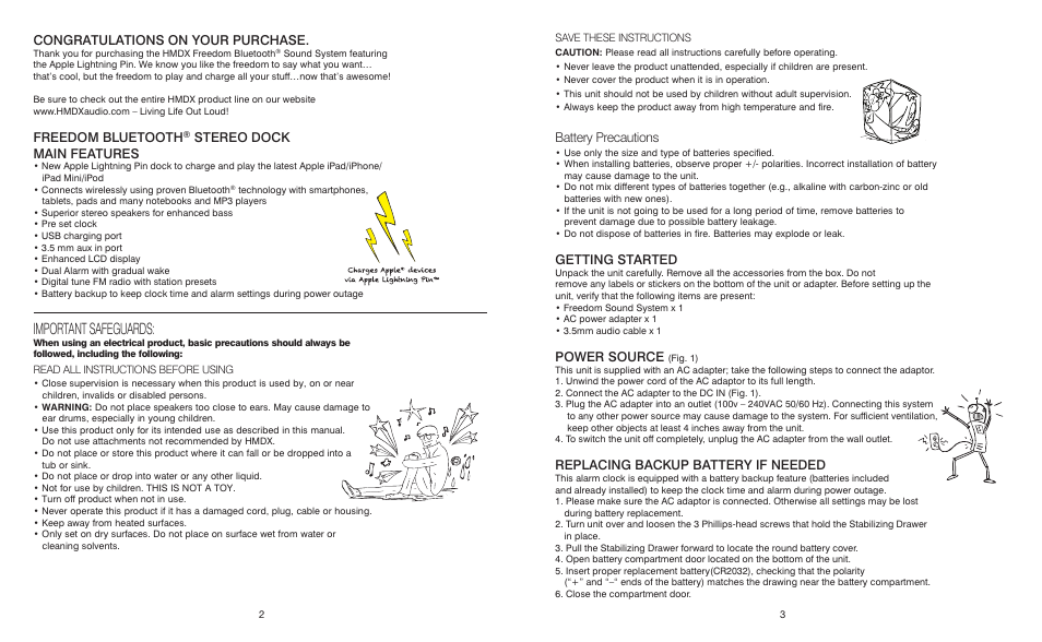 Important safeguards, Freedom bluetooth, Stereo dock main features | Battery precautions, Getting started, Power source, Replacing backup battery if needed | HMDX Freedom™ Bluetooth Alarm Clock with Lightning Pin EN User Manual | Page 2 / 5