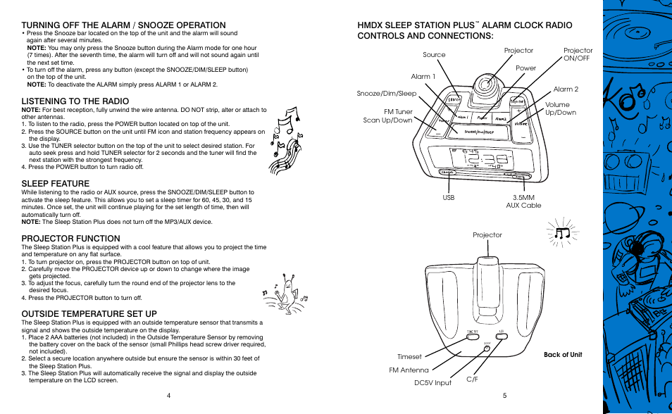 Turning off the alarm / snooze operation, Listening to the radio, Sleep feature | Projector function, Outside temperature set up, Hmdx sleep station plus, Alarm clock radio controls and connections | HMDX Sleep Station Plus™ Projection & Weather Alarm Clock EN User Manual | Page 3 / 4