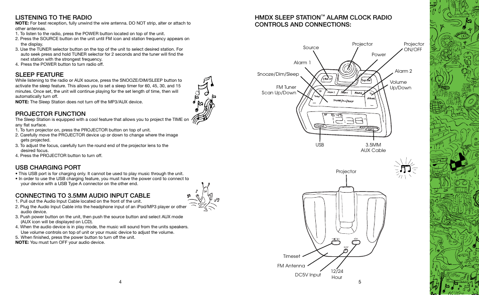 Listening to the radio, Sleep feature, Projector function | Usb charging port, Connecting to 3.5mm audio input cable, Hmdx sleep station, Alarm clock radio controls and connections | HMDX Sleep Station™ Projection Alarm Clock EN User Manual | Page 3 / 4