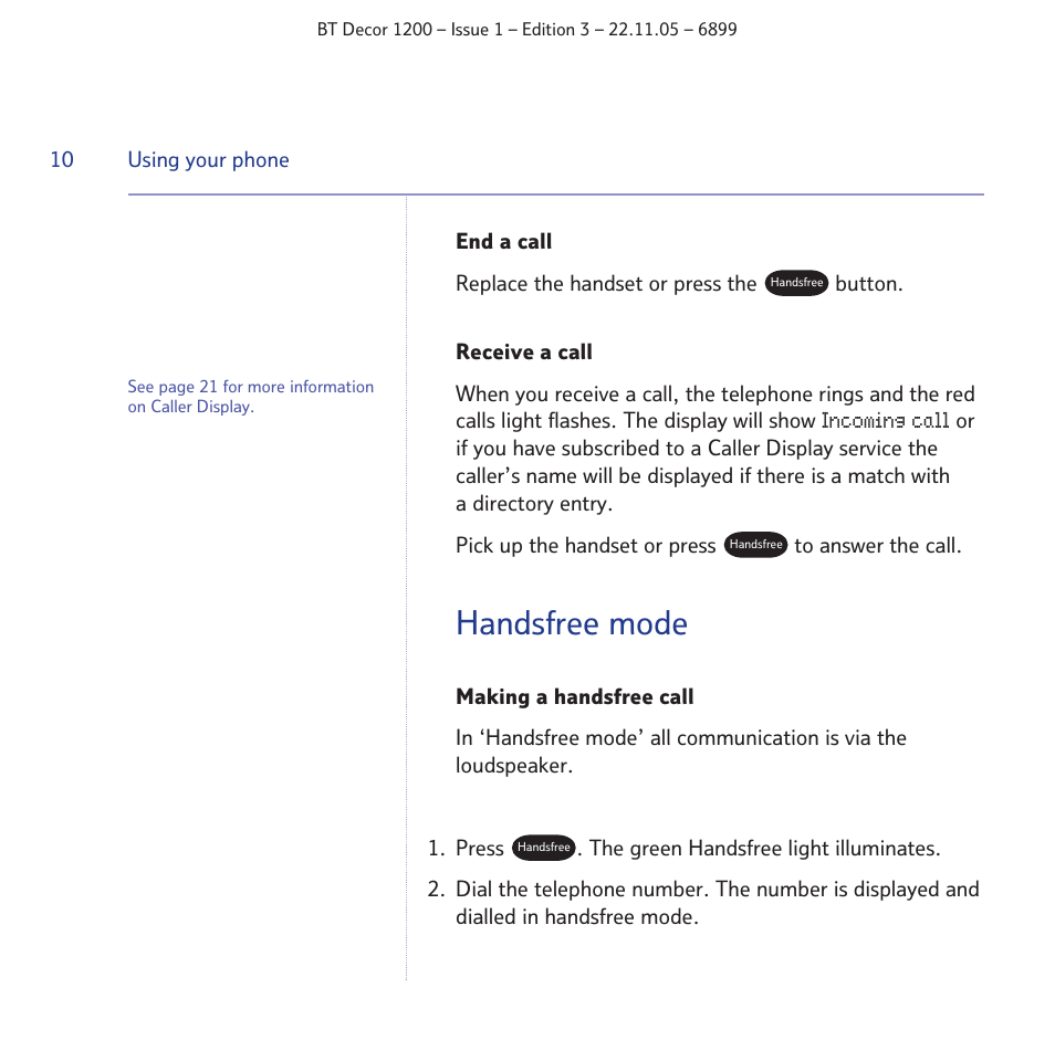 Handsfree mode | BT Decor 1200 User Manual | Page 10 / 36