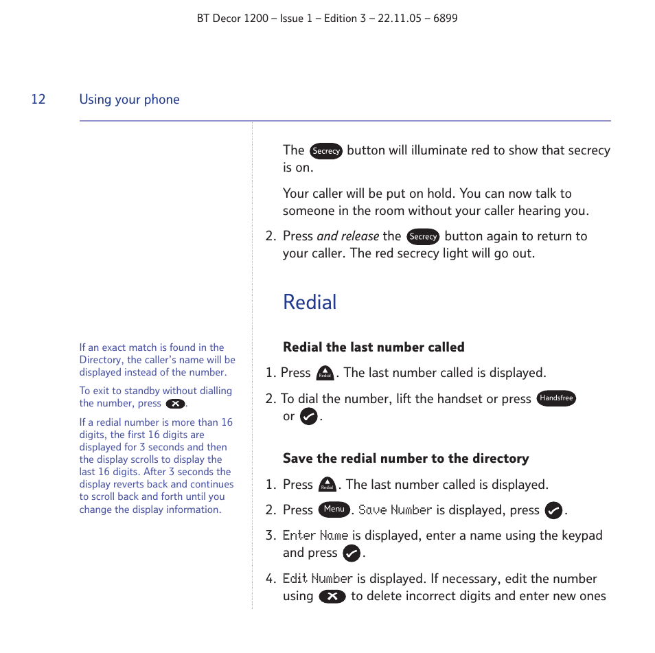 Redial | BT Decor 1200 User Manual | Page 12 / 36