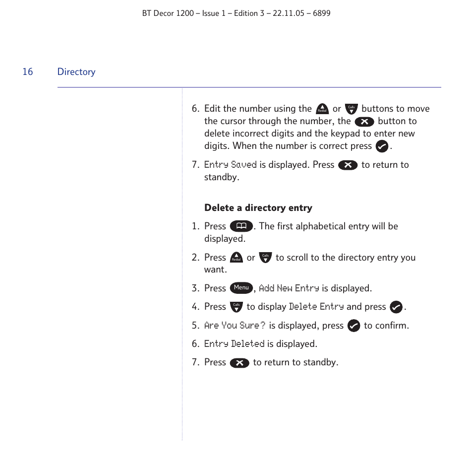 Entry saved, Add new entry, Delete entry | Are you sure, Entry deleted | BT Decor 1200 User Manual | Page 16 / 36
