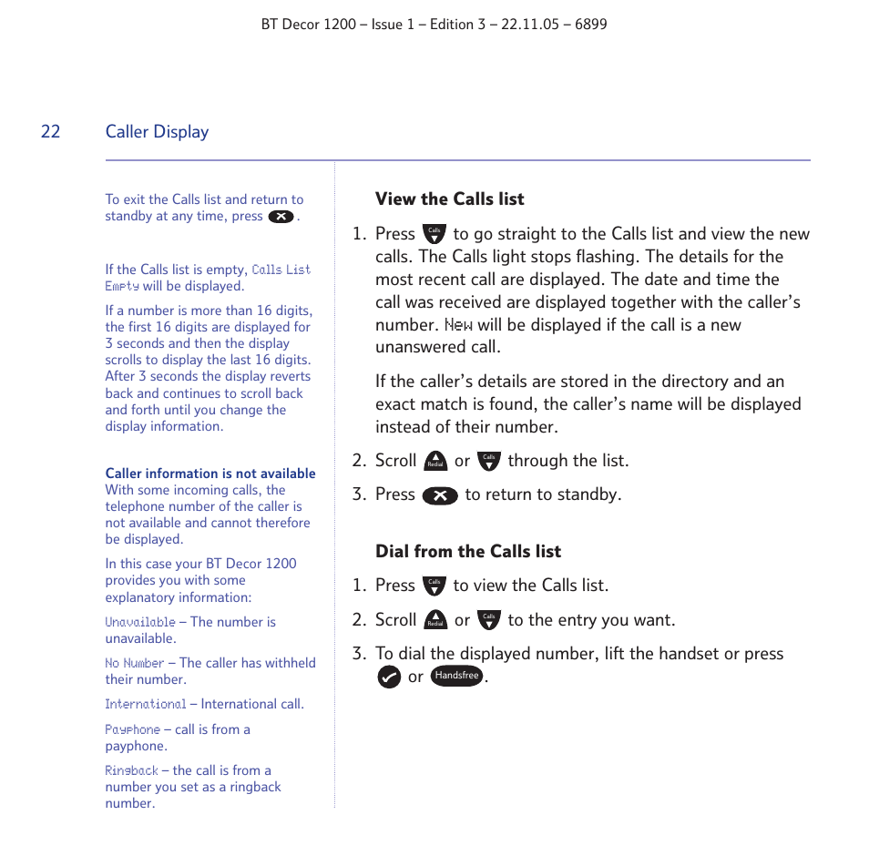 22 caller display | BT Decor 1200 User Manual | Page 22 / 36
