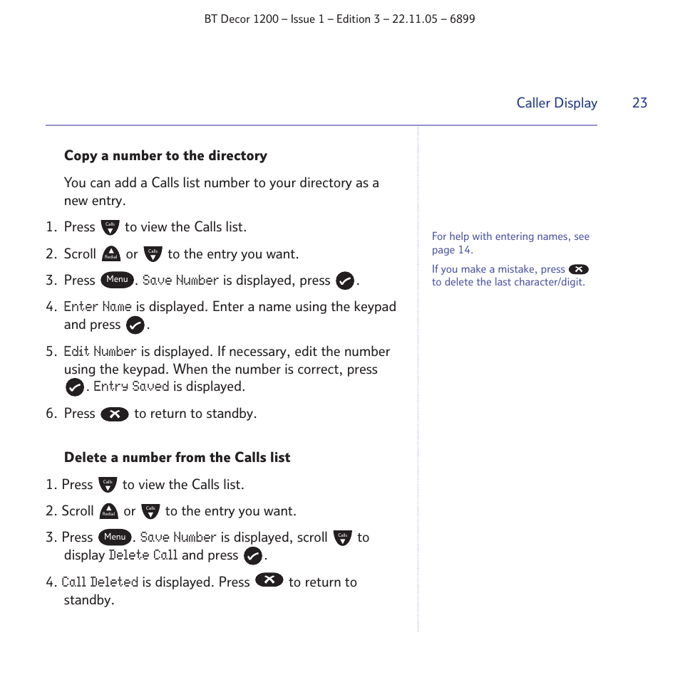 Save number, Enter name, Edit number | Entry saved, Delete call, Call deleted | BT Decor 1200 User Manual | Page 23 / 36