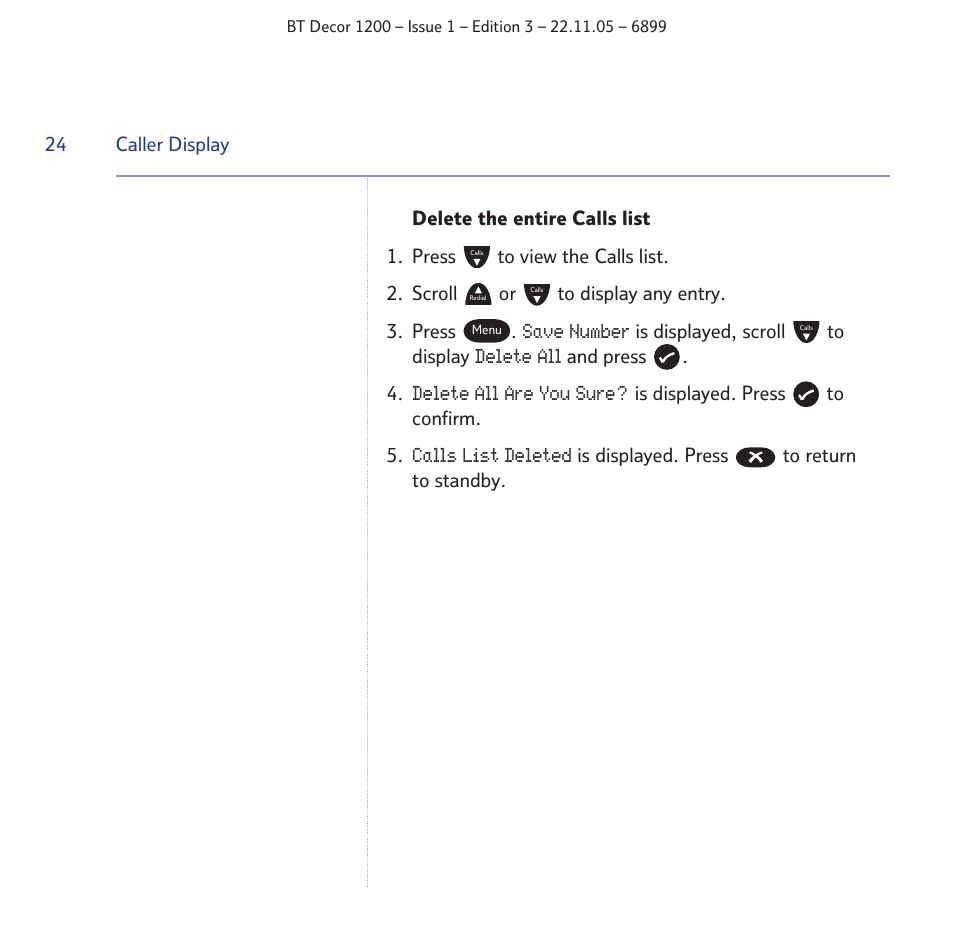 Save number, Delete all, Delete all are you sure | Calls list deleted | BT Decor 1200 User Manual | Page 24 / 36