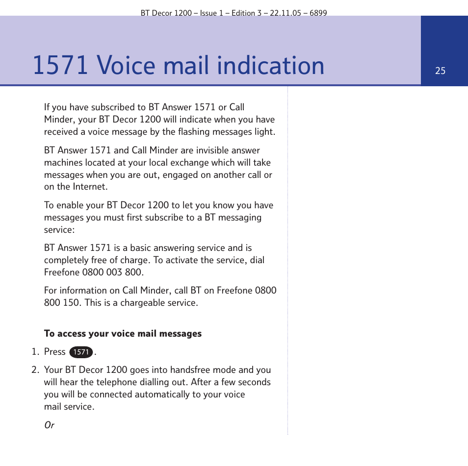1571 voice mail indication | BT Decor 1200 User Manual | Page 25 / 36
