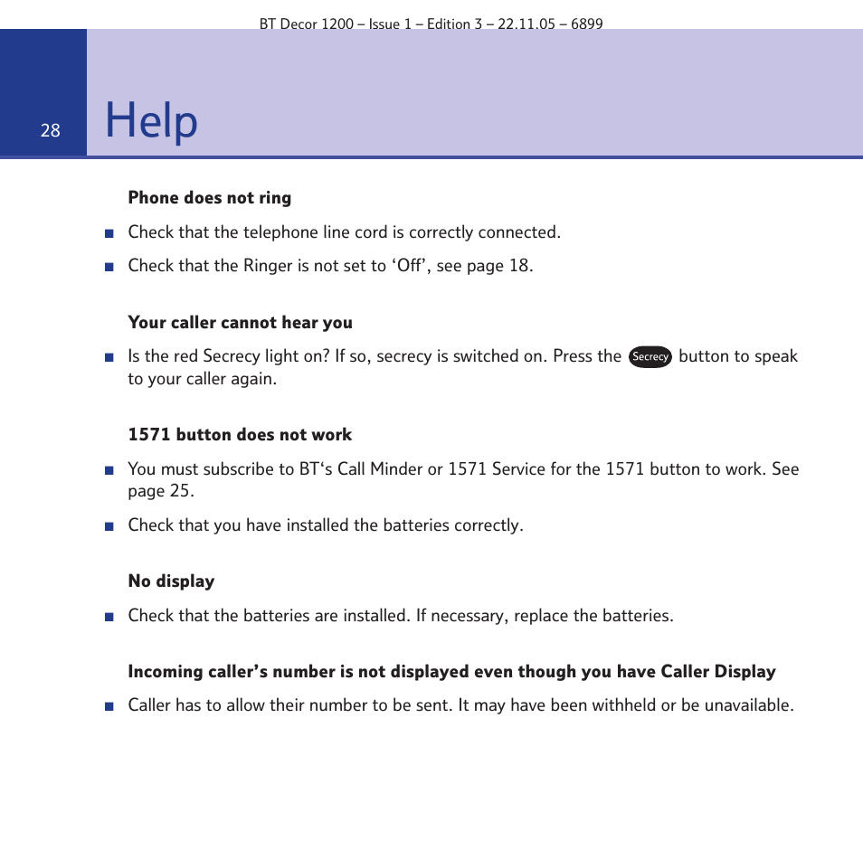 Help | BT Decor 1200 User Manual | Page 28 / 36
