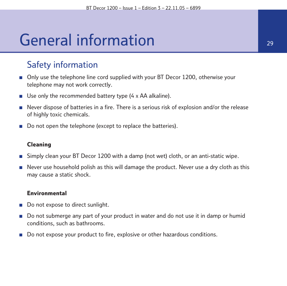 General information, Safety information | BT Decor 1200 User Manual | Page 29 / 36