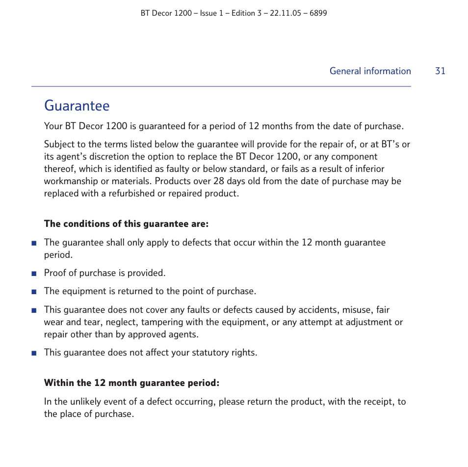 Guarantee | BT Decor 1200 User Manual | Page 31 / 36