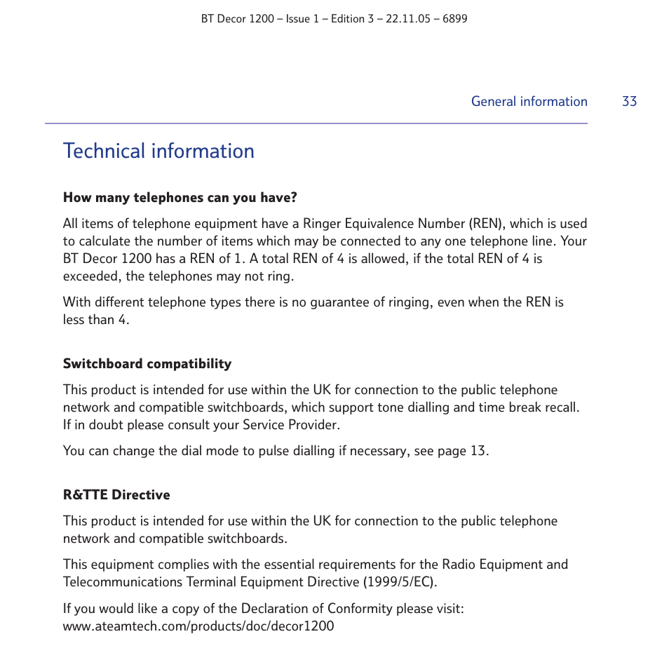 Technical information | BT Decor 1200 User Manual | Page 33 / 36