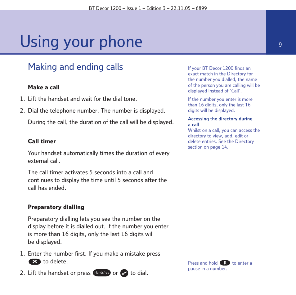 Using your phone, Making and ending calls | BT Decor 1200 User Manual | Page 9 / 36