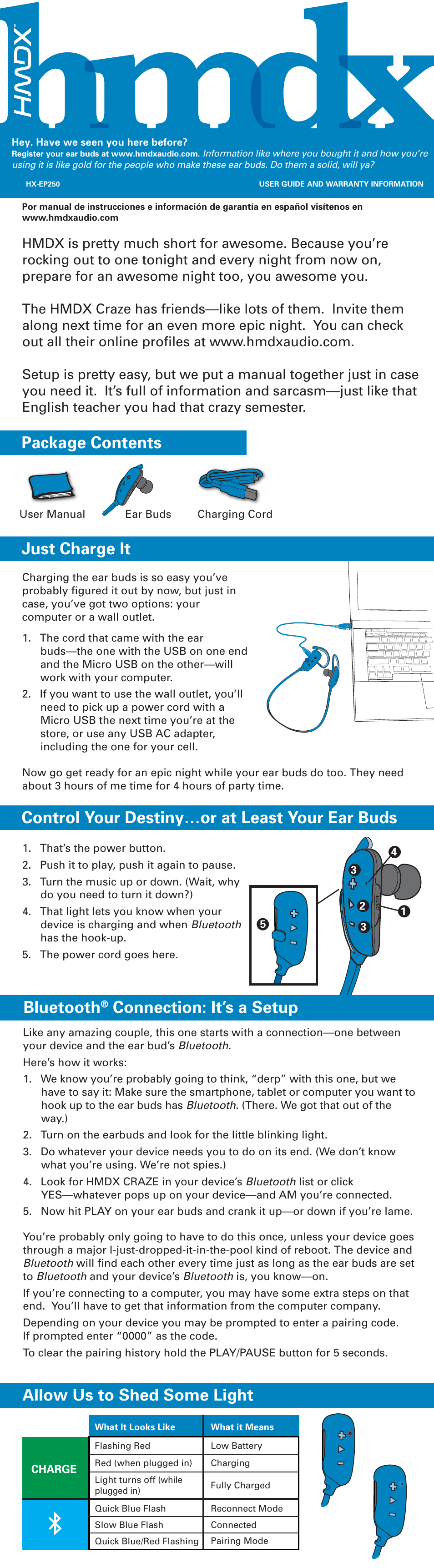 HMDX CRAZE™ Wireless Stereo Ear Buds EN User Manual | 2 pages