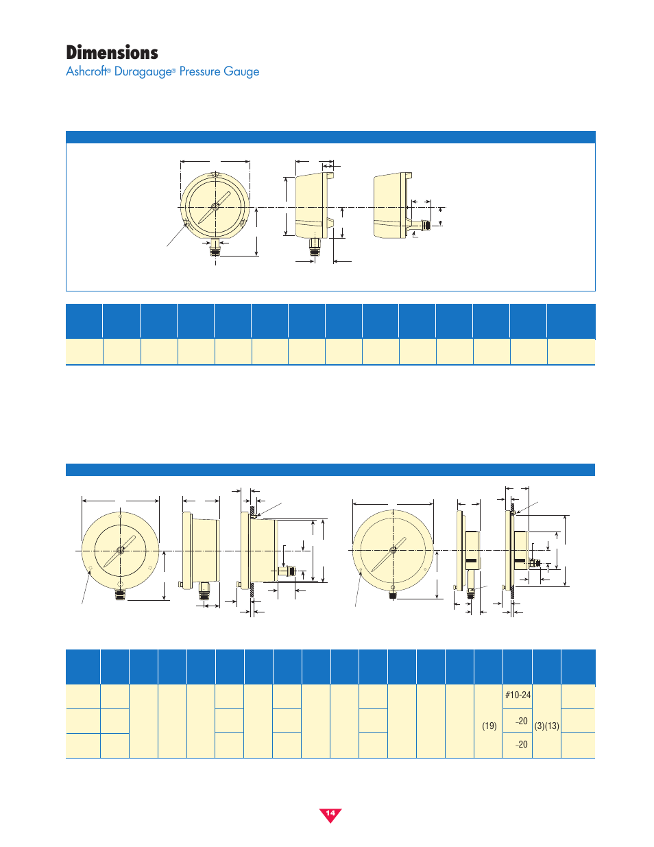 Dimensions, Ashcroft, Duragauge | Pressure gauge | Pilgrim Pressure Gauges Process User Manual | Page 14 / 16