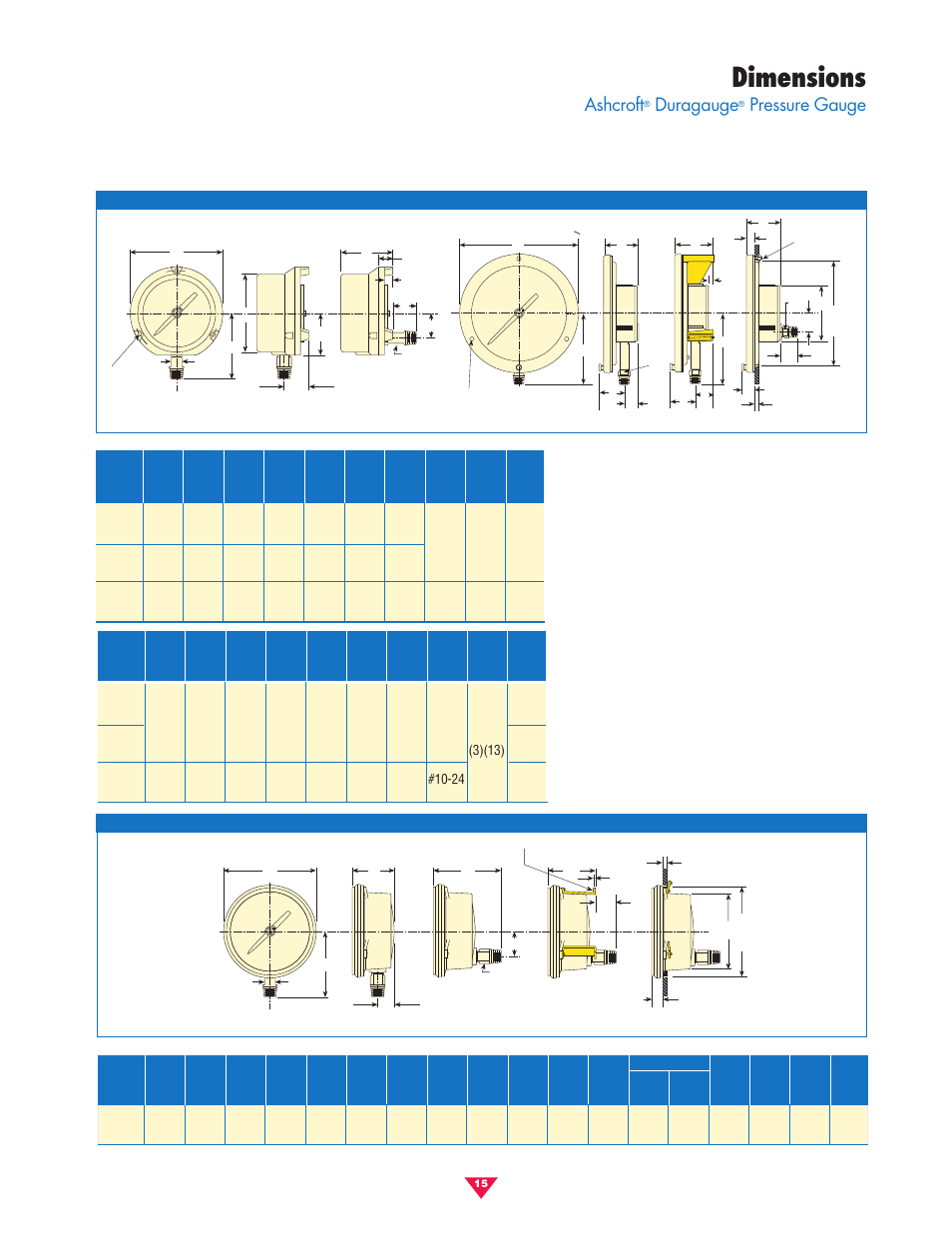 Dimensions, Ashcroft, Duragauge | Pressure gauge | Pilgrim Pressure Gauges Process User Manual | Page 15 / 16