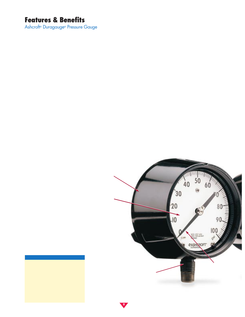 Features & benefits, Ashcroft, Duragauge | Pressure gauge | Pilgrim Pressure Gauges Process User Manual | Page 2 / 16