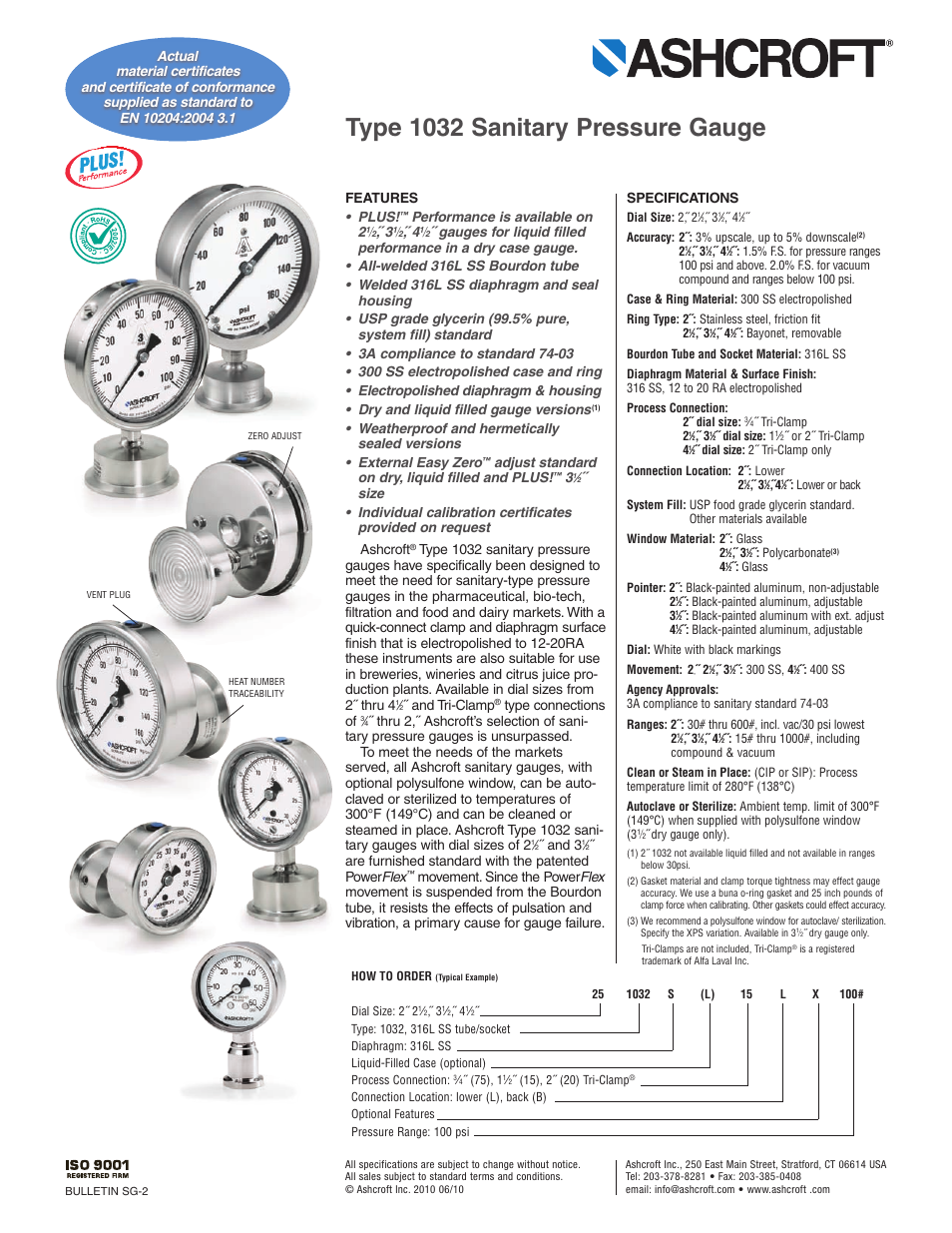 Pilgrim Type 1032 Sanitary Pressure Gauge User Manual | 2 pages