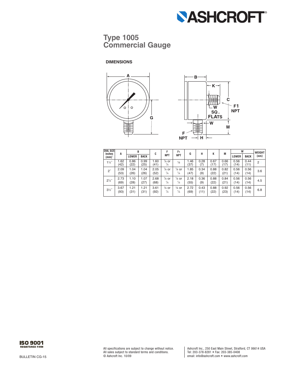 Type 1005 commercial gauge, Ts f, Dimensions | Pilgrim Pressure Gauges Commercial 1005 User Manual | Page 2 / 2