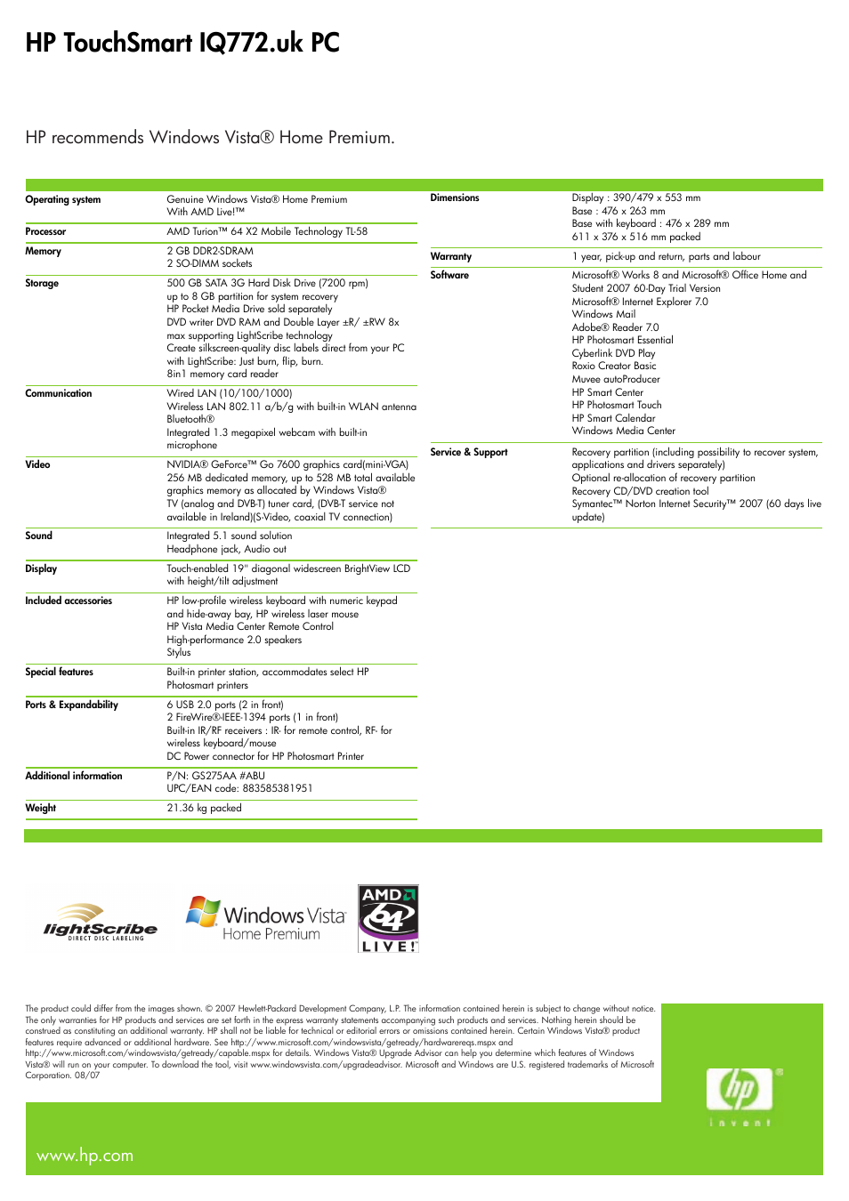 Hp touchsmart iq772.uk pc, Hp recommends windows vista® home premium | HP TouchSmart IQ772.uk User Manual | Page 2 / 2
