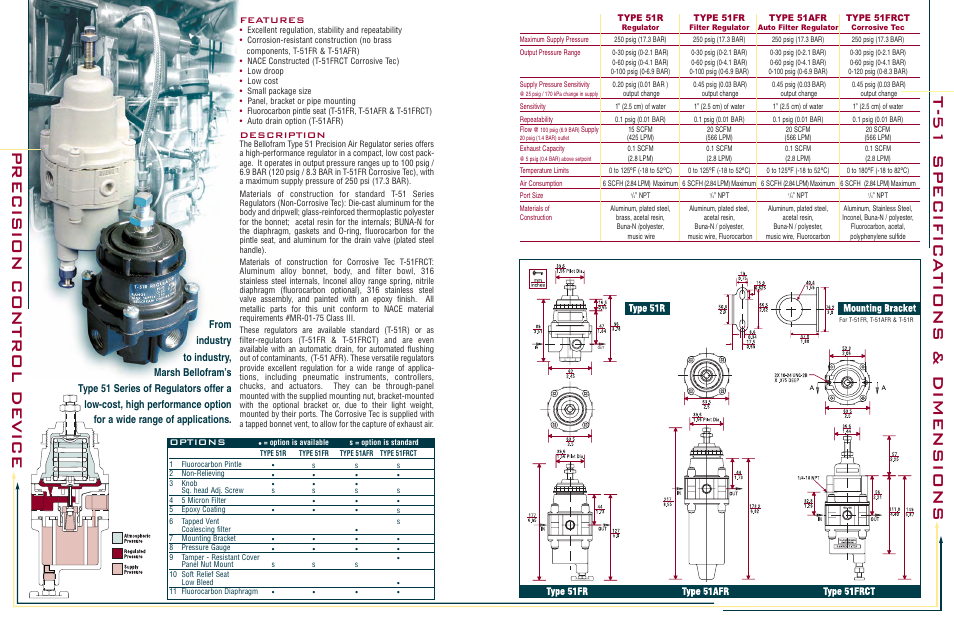 T-51 specific a tions & dimensions, Precision control device, Features | Description, Options | Pilgrim Pressure Regulators Type 51 User Manual | Page 2 / 4