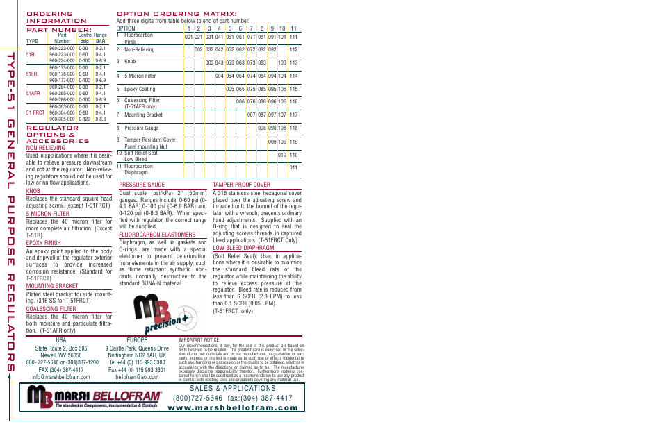 Type-51 gener al p urpose regul a tors, Option ordering matrix | Pilgrim Pressure Regulators Type 51 User Manual | Page 4 / 4