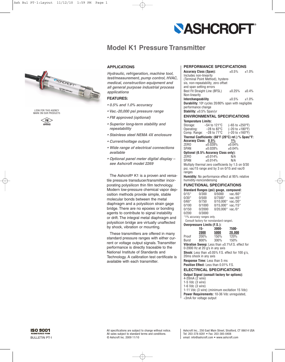 Pilgrim Model K1 Pressure Transmitter User Manual | 2 pages