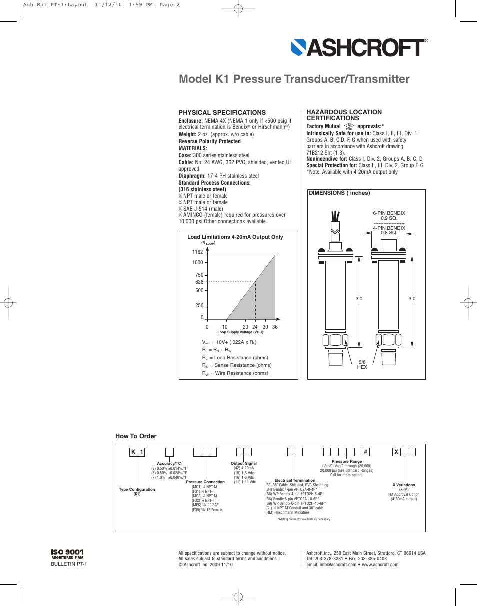 Model k1 pressure transducer/transmitter, Physical specifications, How to order | Hazardous location certifications | Pilgrim Model K1 Pressure Transmitter User Manual | Page 2 / 2