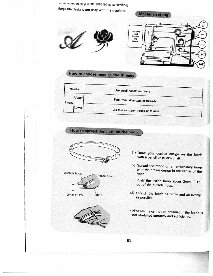 How to choose needles and threads, How to spread the clo^ on thejioqp | SINGER White 5500 User Manual | Page 55 / 62