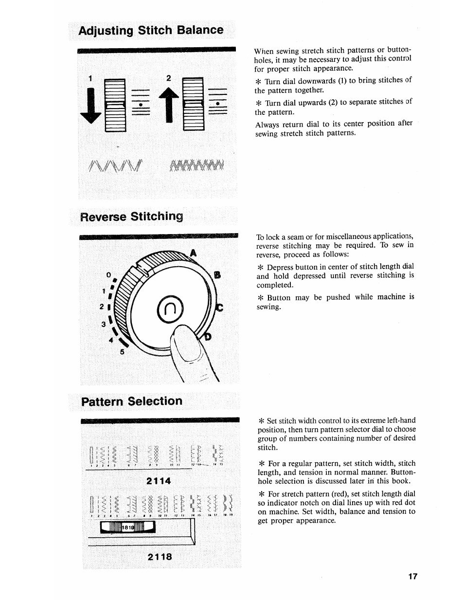 Adjusting stitch balance, Reverse stitching, Pattern selection | Oieid | SINGER 2118 User Manual | Page 19 / 36