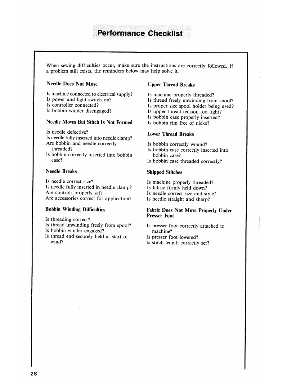 Performance checklist | SINGER 2118 User Manual | Page 30 / 36