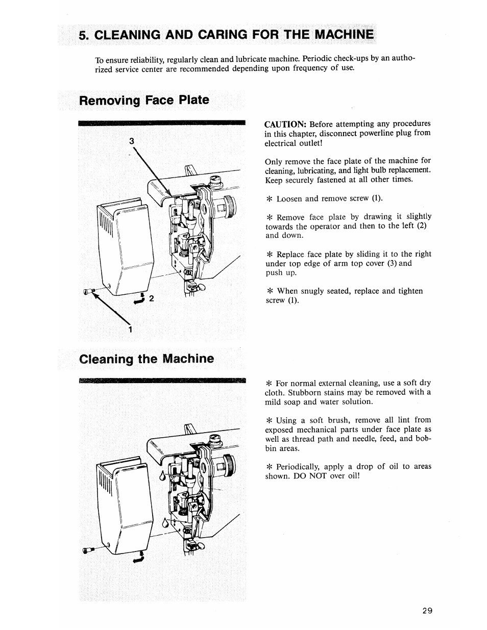 Cleaning and caring for the machine, Removing face plate | SINGER 2118 User Manual | Page 31 / 36