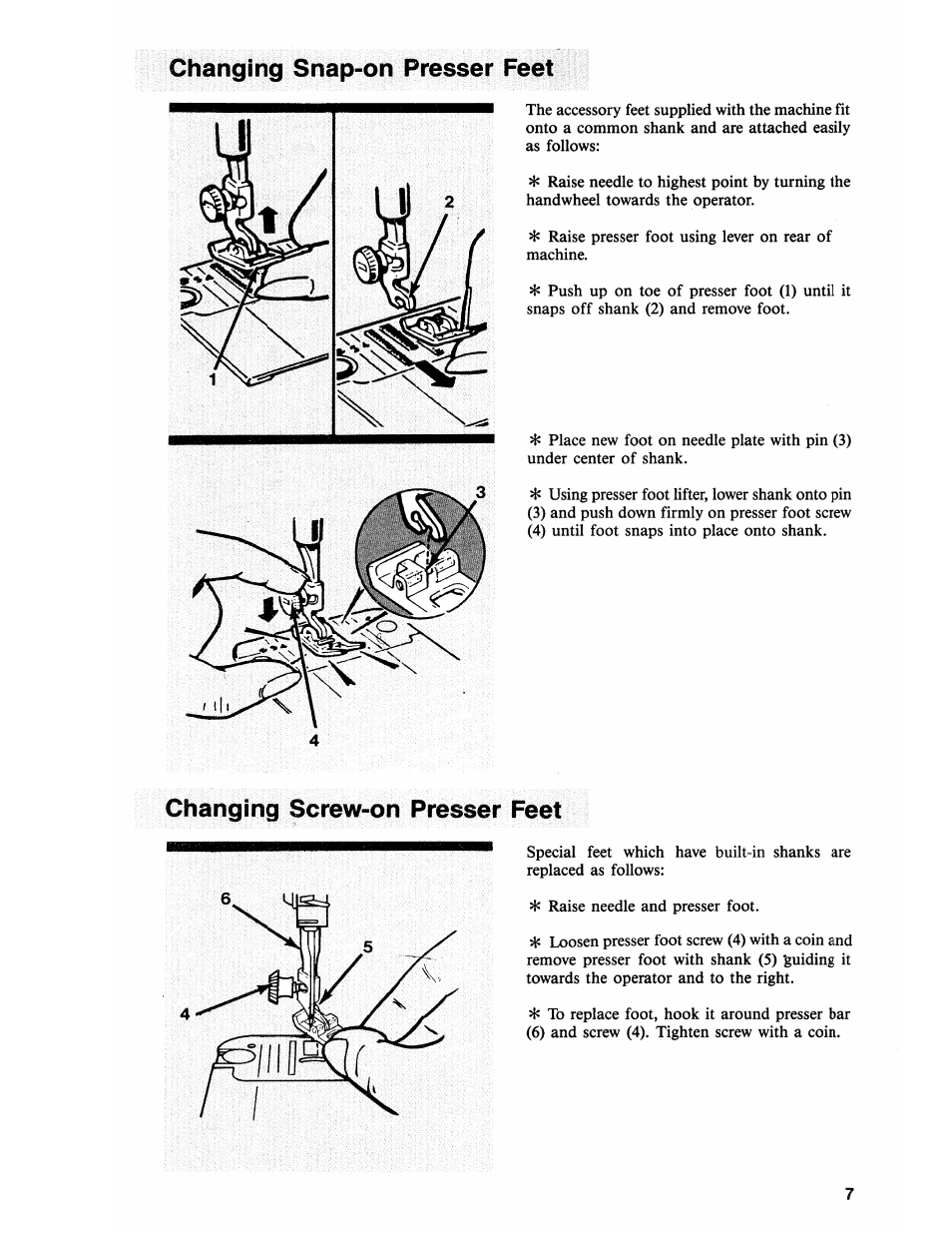 Changing snap-on presser feet, Changing screw-on presser feet | SINGER 2118 User Manual | Page 9 / 36