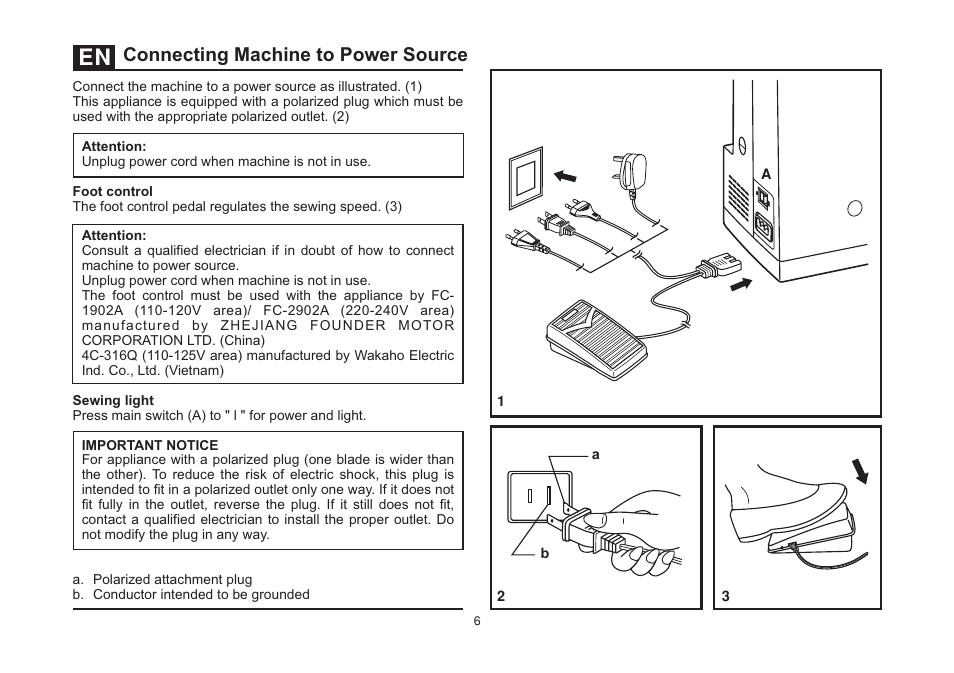 Connecting machine to power source | SINGER 4423 Heavy Duty User Manual | Page 13 / 67