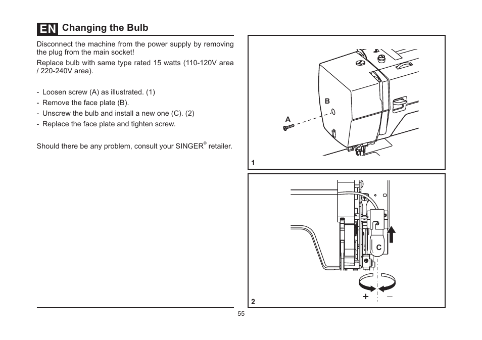 Changing the bulb | SINGER 4423 Heavy Duty User Manual | Page 62 / 67