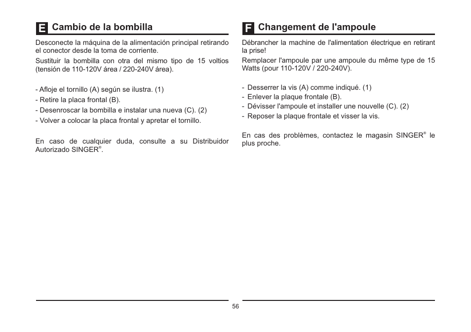 Cambio de la bombilla changement de l'ampoule | SINGER 4423 Heavy Duty User Manual | Page 63 / 67