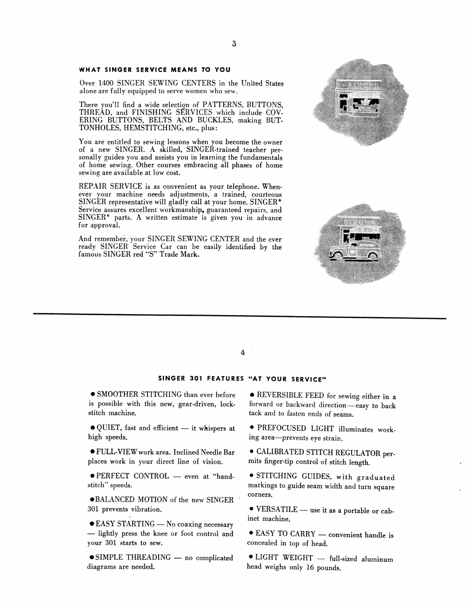 What singer service means to you, Singer 301 features “at your service | SINGER 301 User Manual | Page 2 / 36