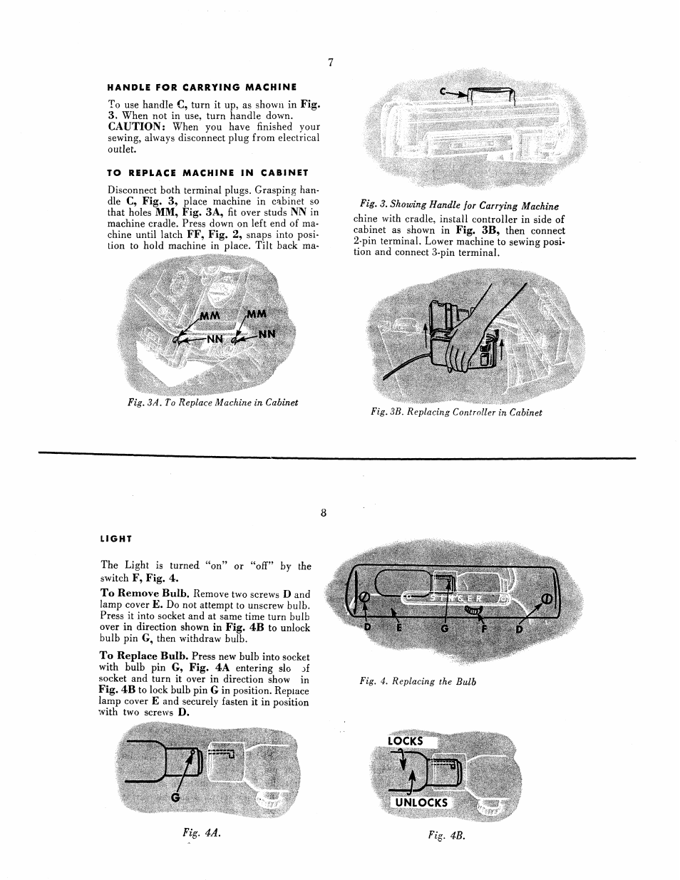 Handle for carrying machine, To replace machine in cabinet, Light | SINGER 301 User Manual | Page 4 / 36
