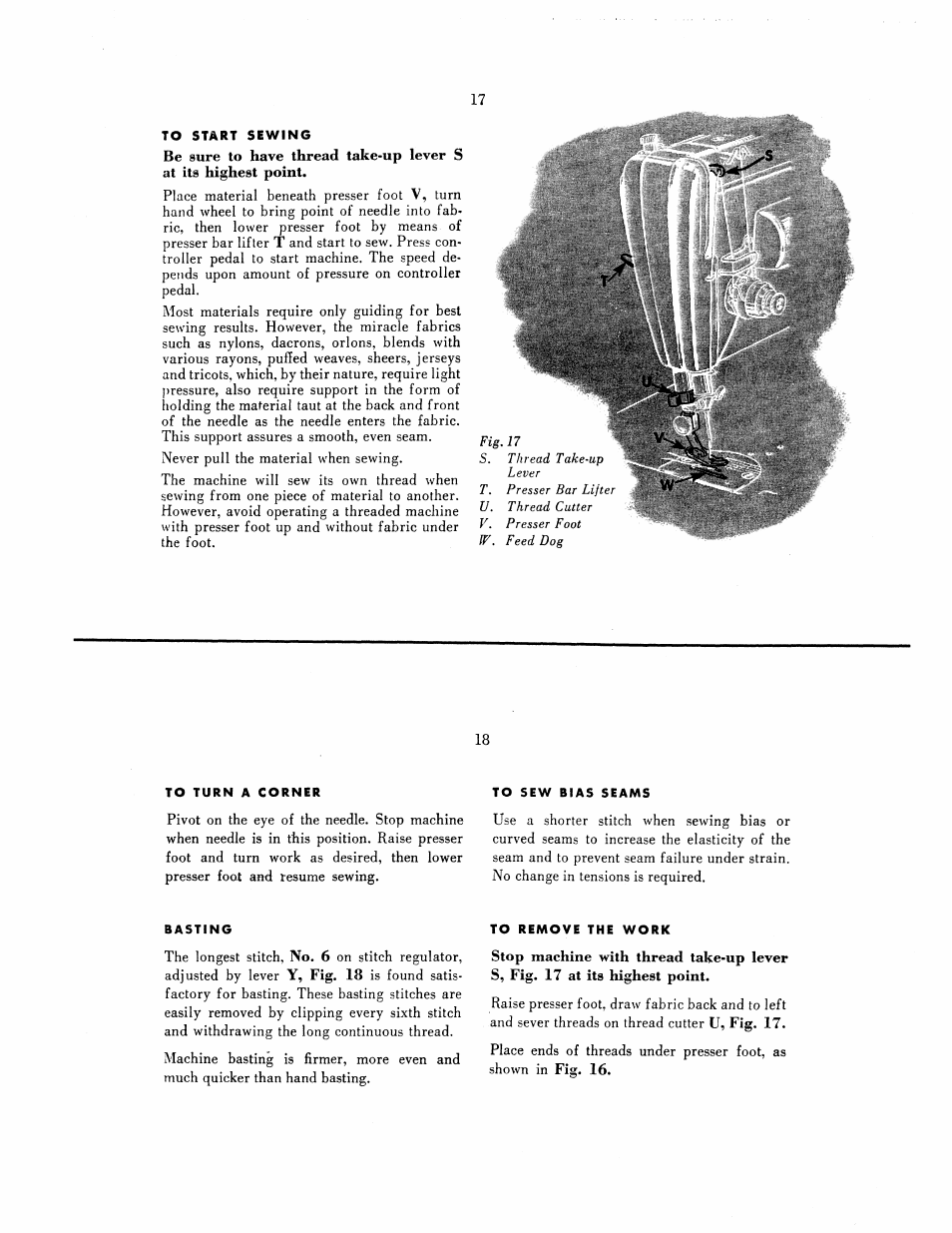 To start sewing, To turn a corner, To sew bias seams | Basting, To remove the work | SINGER 301 User Manual | Page 9 / 36