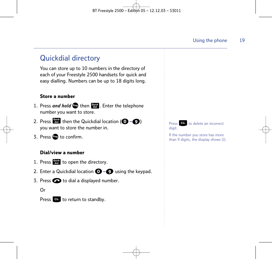 Quickdial directory | BT Freestyle 2500 User Manual | Page 19 / 52