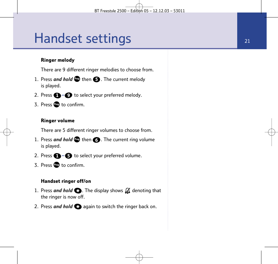 Handset settings | BT Freestyle 2500 User Manual | Page 21 / 52