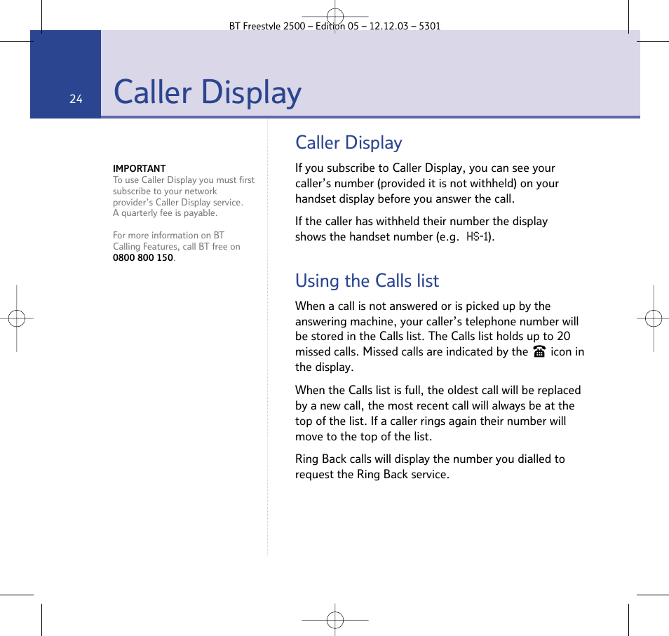 Caller display, Using the calls list | BT Freestyle 2500 User Manual | Page 24 / 52