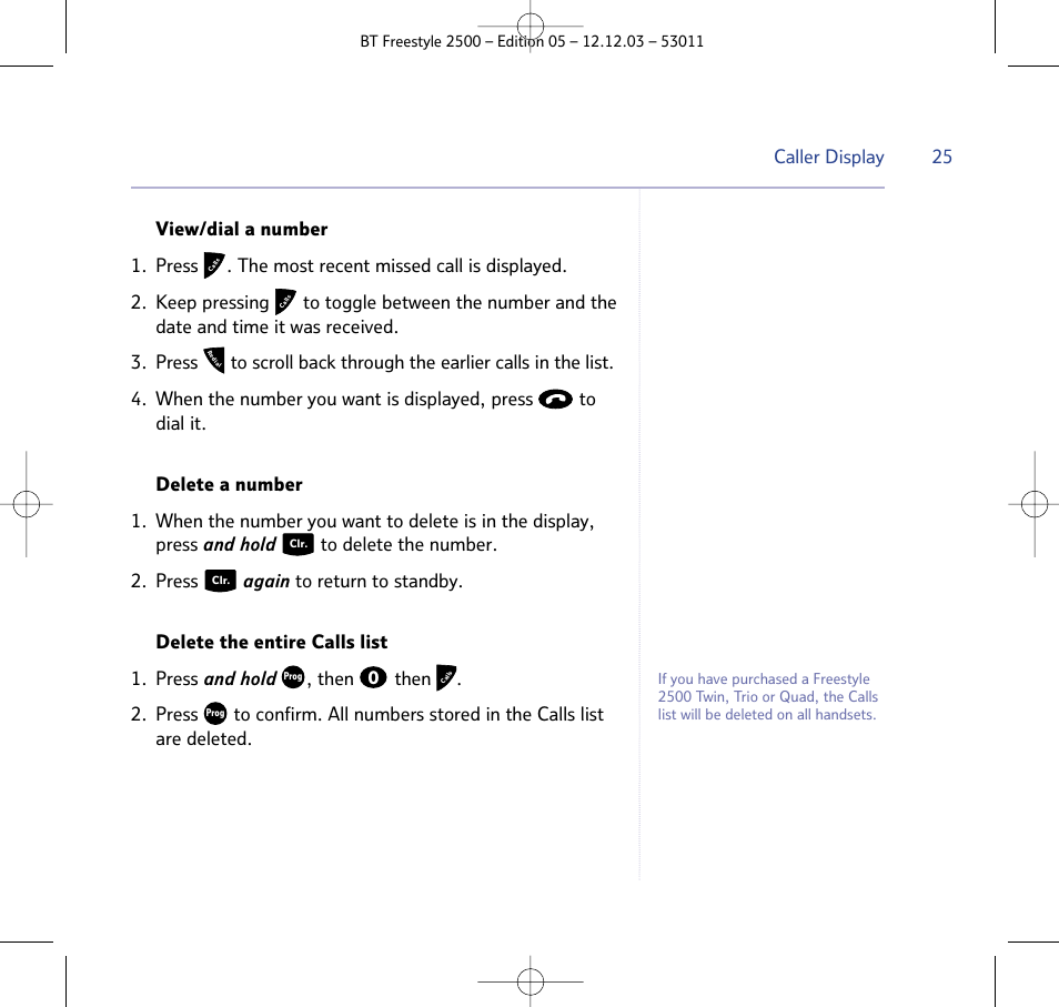 25 caller display | BT Freestyle 2500 User Manual | Page 25 / 52