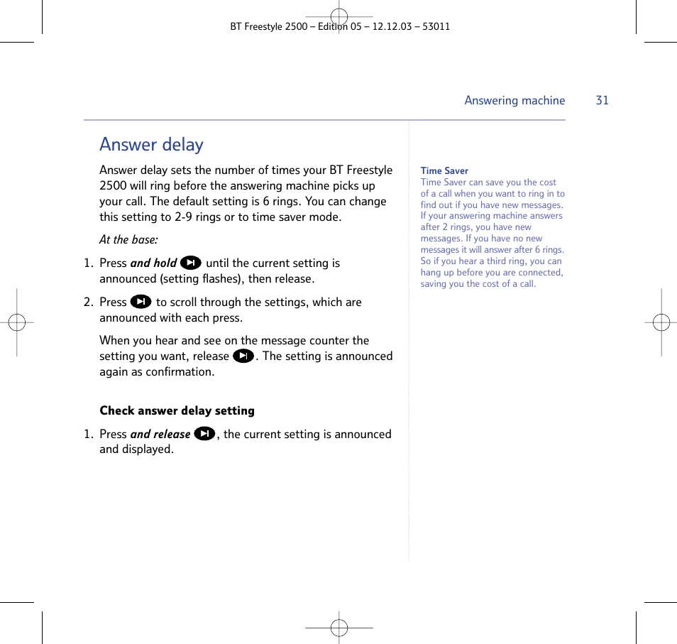 Answer delay | BT Freestyle 2500 User Manual | Page 31 / 52