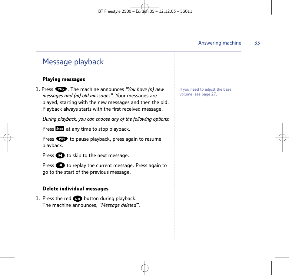 Message playback | BT Freestyle 2500 User Manual | Page 33 / 52