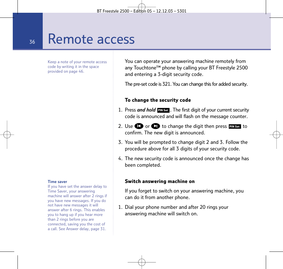 Remote access | BT Freestyle 2500 User Manual | Page 36 / 52